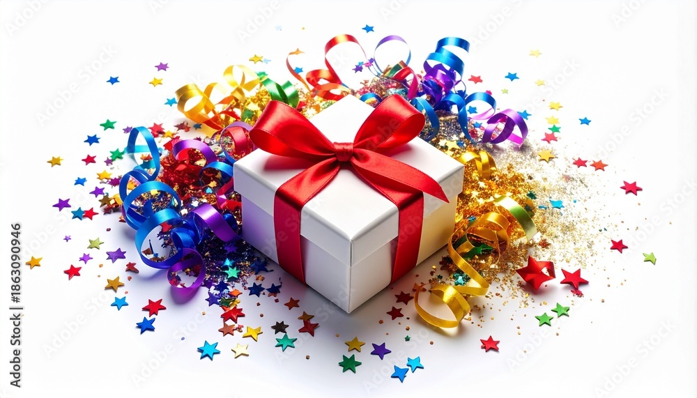 Obraz premium White Gift Box with Red Satin Ribbon Bow Surrounded by Colorful Stars and Confetti Explosion on White Background