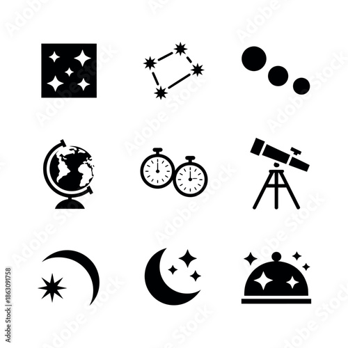 Collection of astronomy icons in black and white style