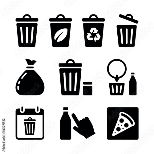Collection of waste management icons for environmental awareness