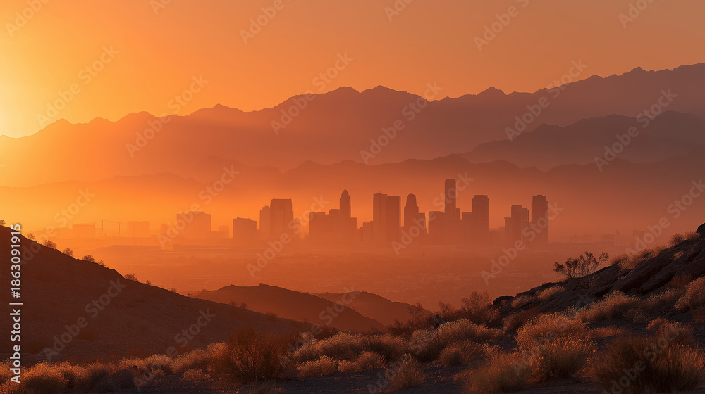 Naklejka premium City Skyline Silhouette at Sunset: An evocative image captures a distant city skyline in silhouette, bathed in the warm, hazy glow of a dramatic sunset.