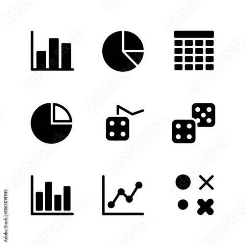 Collection of business and gaming icons representing statistics and probability