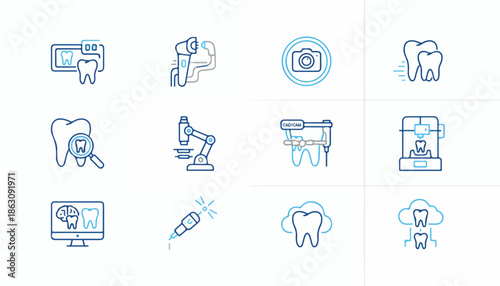 Dental icons set medical technology and tooth care illustrations