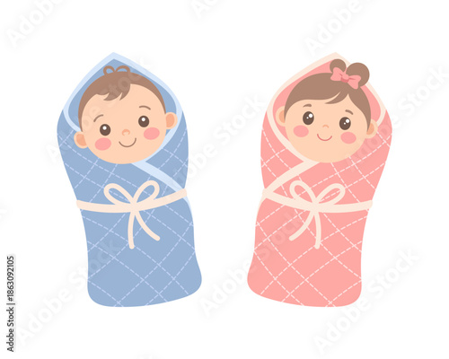Cute baby girl and baby boy wrapped in a blanket. Adorable newborn twins in blue and pink blankets. Childish illustration.