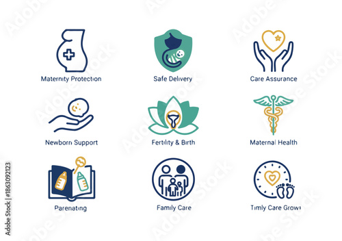 Health and wellness icons representing medical care and pregnancy