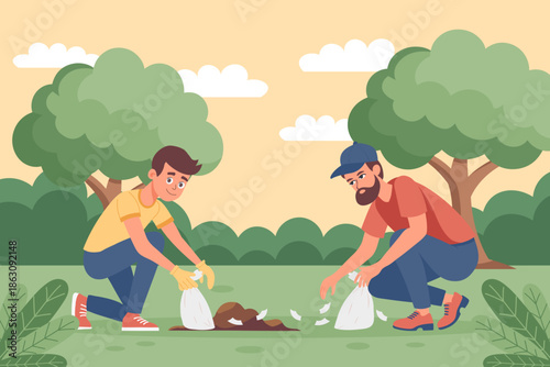 Community volunteers cleaning up park litter for a greener environment. Illustration.