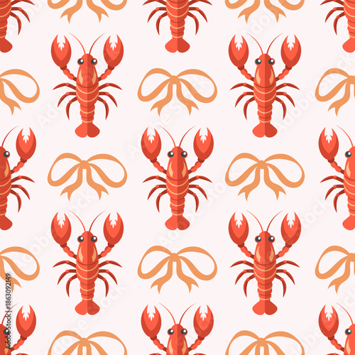 Seamless pattern with lobsters and bow. Summer repeating seafood pattern. Mediterranean background.