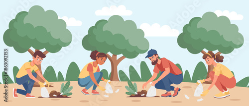 Volunteers collecting garbage in the park. Community volunteers cleaning up park litter for a greener environment. Illustration.