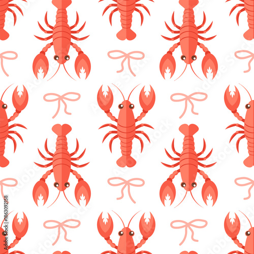 Seamless pattern with lobsters and bow. Summer repeating seafood pattern. Mediterranean design background.