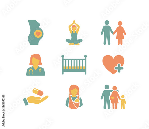 Health and wellness icons set for pregnancy childbirth and family support