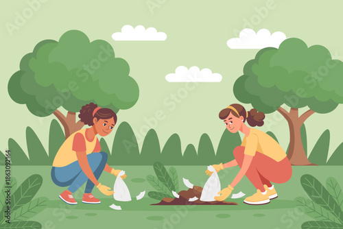 Volunteers collecting garbage in the park. Illustration.