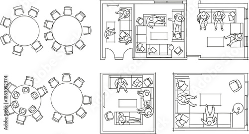 Interior design floor plans, furniture layout illustrations, top-down room views, black and white vector, space planning, architectural concept, living room arrangement