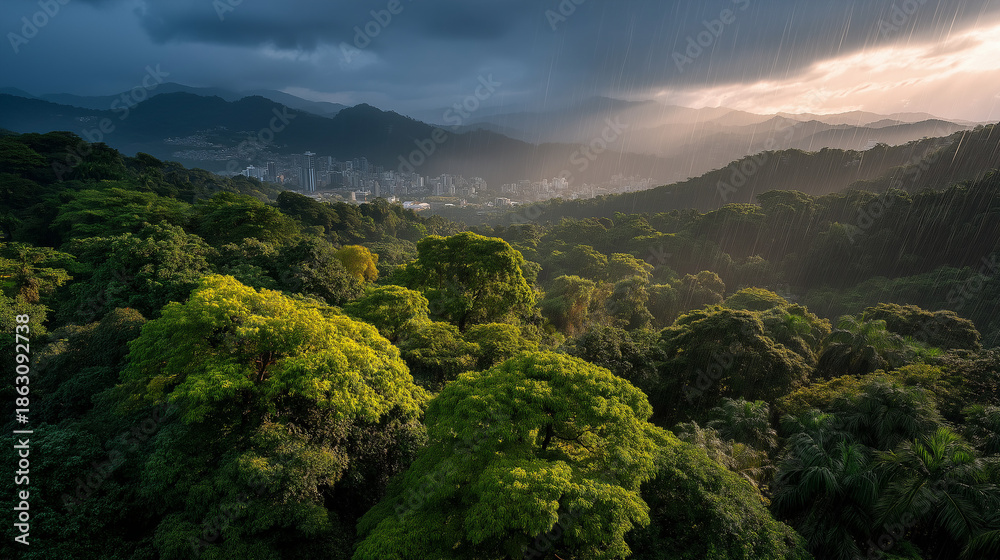 Obraz premium Lush Canopy of Greenery: An aerial shot of a vibrant, verdant forest, bathed in a beautiful, natural light, showcases the beauty of the canopy and the surrounding landscape. 