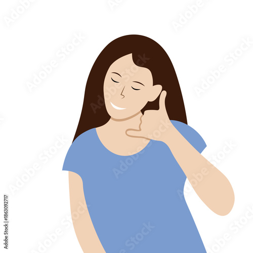 Cartoon girl showing call me gesture with her hand, isolate on white background, flat style