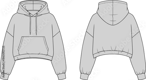 Cropped hoodie sketch, fashion flat drawing, technical illustration, garment design, apparel template, hoodie front and back, clothing construction, streetwear style