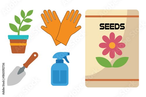 Gardening equipment vector illustration with plants seeds gloves and spray bottle