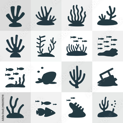 Collection of underwater icon set in dark gray and white
