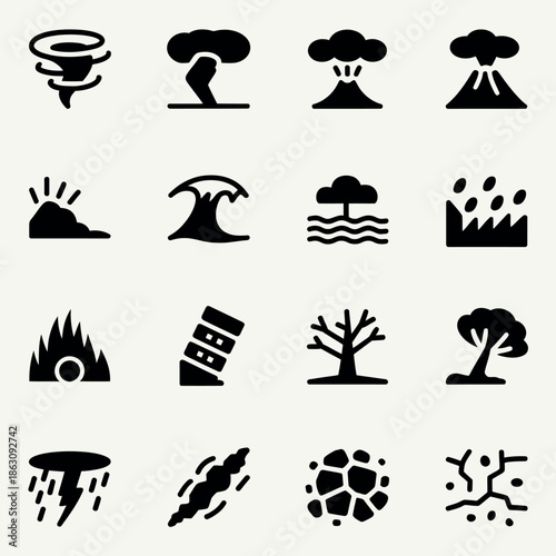 Collection of natural disaster icons in black and white