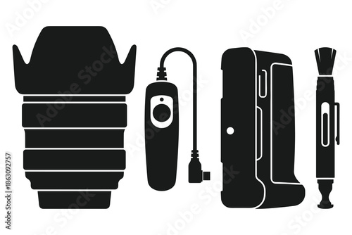 Camera accessories vector illustration set with lens remote and battery grip