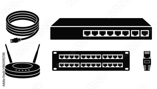Networking equipment vector illustration including router switch and ethernet cable