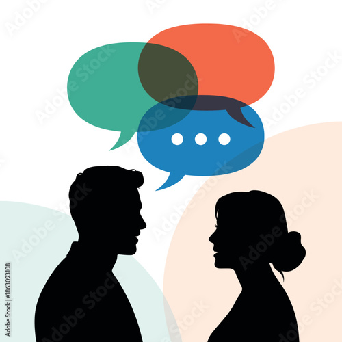 Man and woman silhouette engaging in conversation with speech bubbles