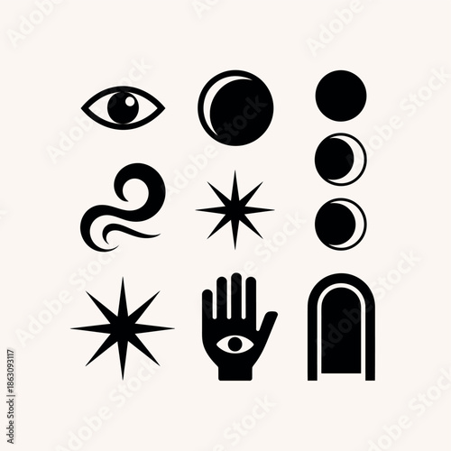 Mystical symbols and celestial bodies in minimalist design