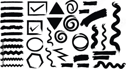 A collection of various black silhouette shapes and symbols on a white background including geometric and abstract designs silhouette