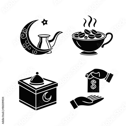 Ramadan Kareem Religious Activity Icon Set with Zakat Charity, Iftar Coffee and Islamic Symbols. Black and White Vector Collection Representing Muslim Alms Giving, Spiritual Traditions .