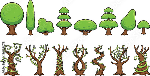 Fantasy tree illustration set, cartoon forest plants collection, magical nature elements, whimsical trees icons, game assets, fairy tale woodland design pack