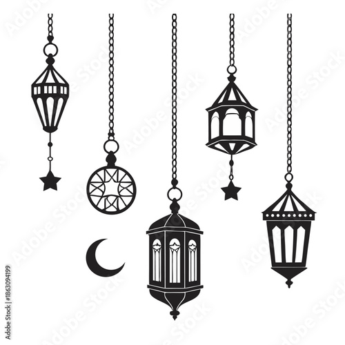 Black and white Islamic icon set featuring a mosque, crescent moon with minaret, and hands holding a gift box for Ramadan and Eid celebration.