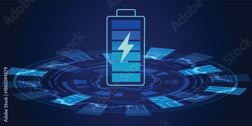 Battery technology is located on the technology circle projecting the battery. with elements of geometric shapes and lines that connect attractively It's a vector technology illustration.