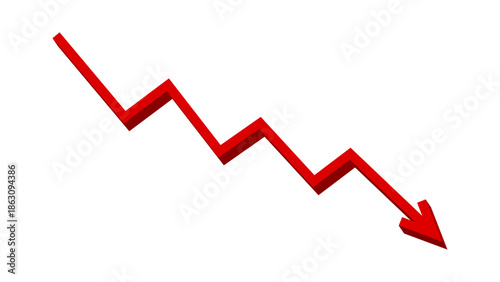 Red 3D falling down zigzag line arrow graph indicates financial loss concept, stock market fall, business loss, market crash, economic loss. Red graph arrow downward direction. Vector illustration.
