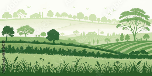 Serene countryside landscape with rolling hills and trees in green hues