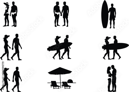 Silhouette beach vacation icons, couples walking surfing relaxing, summer holiday lifestyle people set, coastal travel activities, romance leisure symbols isolated on white background