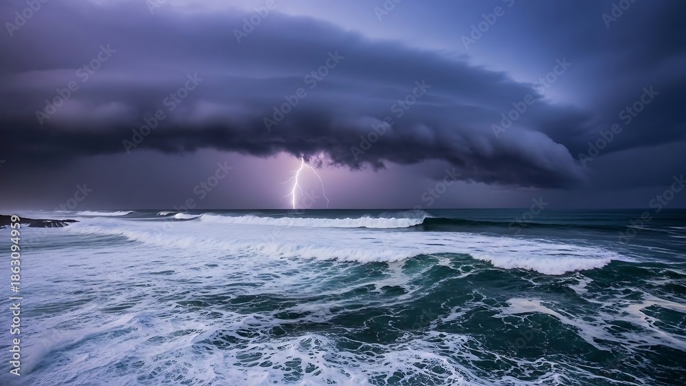 Naklejka premium Stormy Ocean Waves with Lightning Strike.