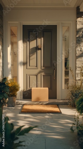 Package delivery at modern home entrance with brown door