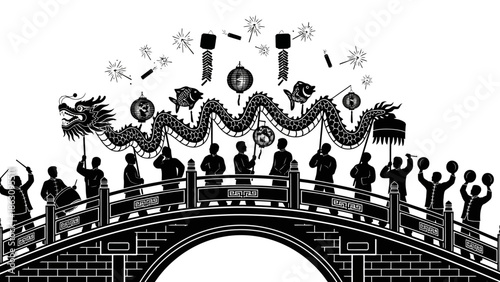 People Celebrating with Dragon Dance on Bridge.