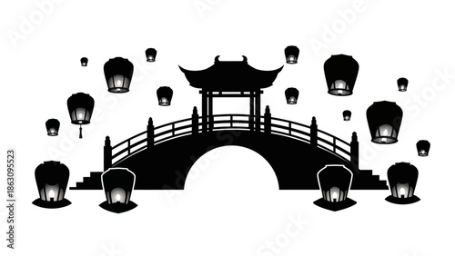 Asian Style Bridge with Lanterns Illustration.