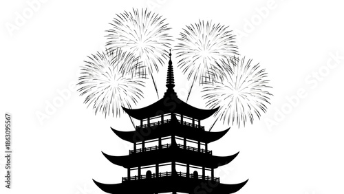 Pagoda Silhouette with Fireworks Display.