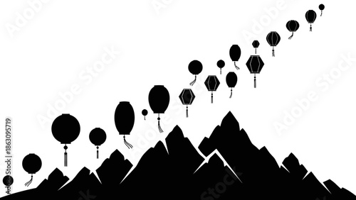 Balloons Floating Above Mountain Silhouette.