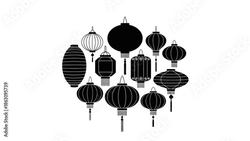 Black and White Chinese Lanterns Hanging.