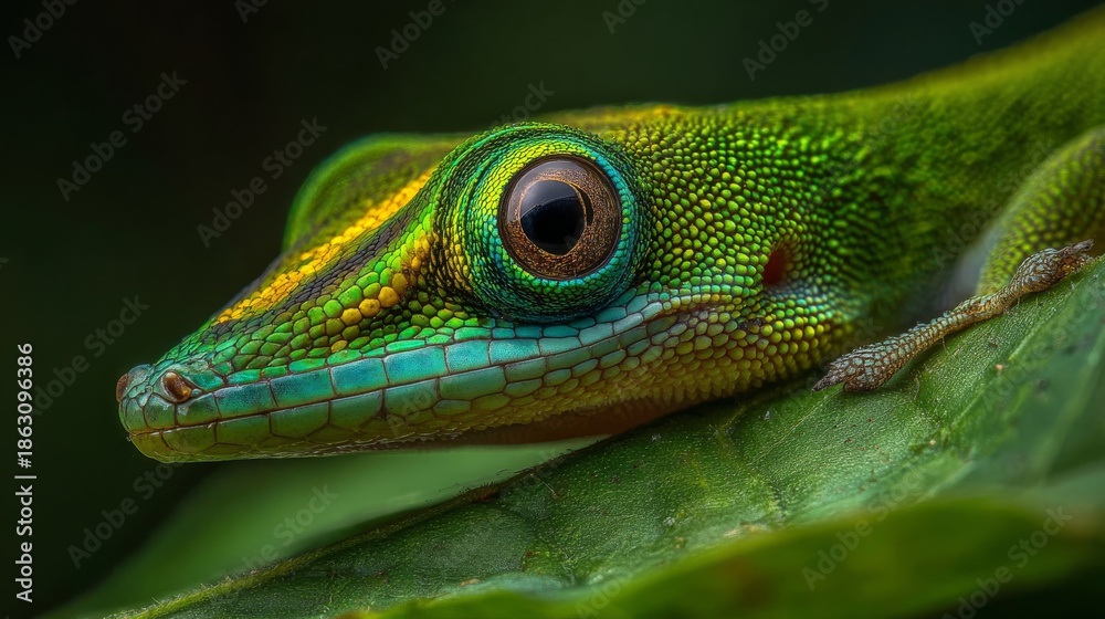 Fototapeta premium Detailed close-up of a vibrant green gecko's large, multifaceted eye, showcasing intricate skin texture and scales
