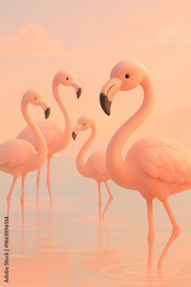 Fototapeta premium Four gentle flamingos finding calm in warm, pastel colored shallow water under soft light, creating a tranquil scene