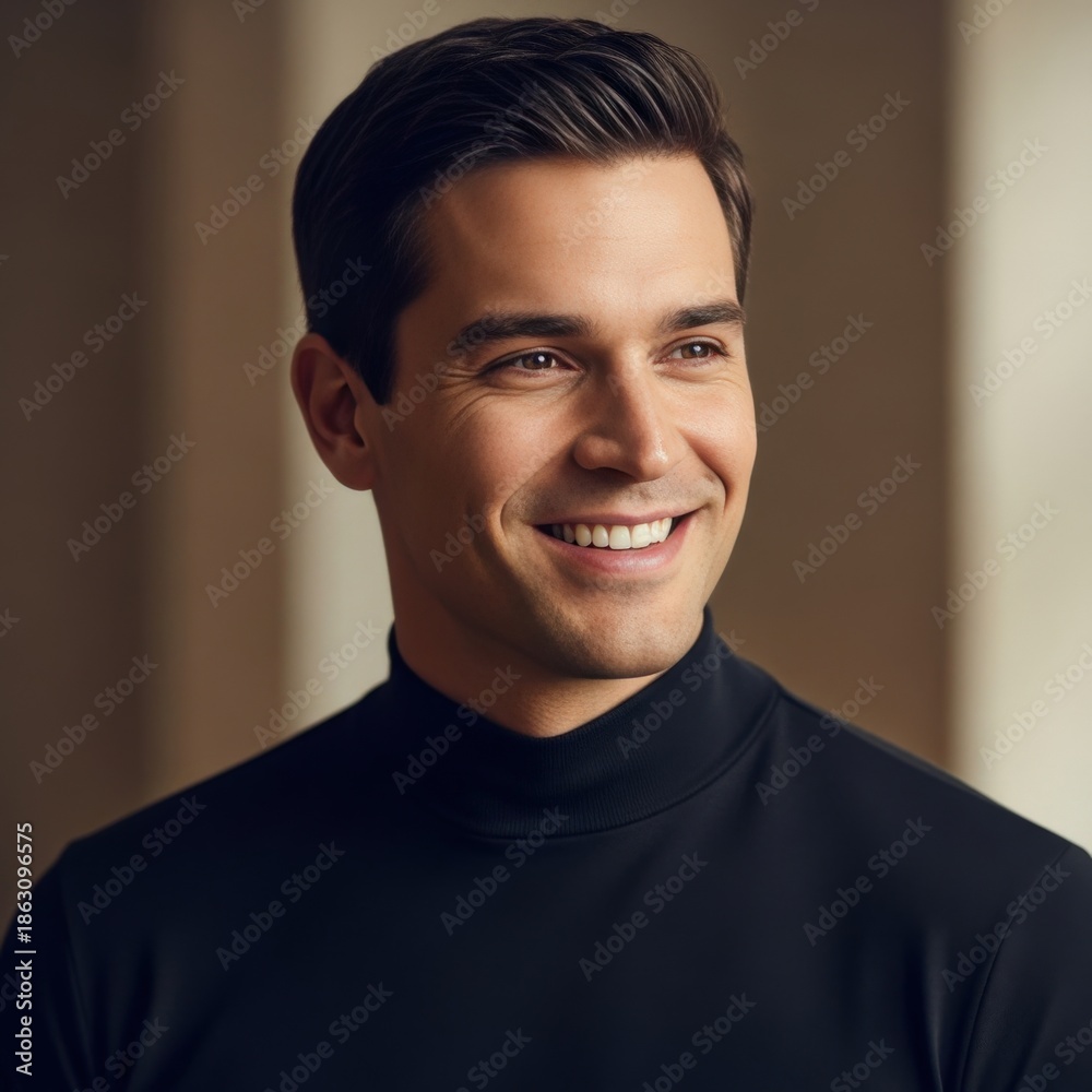 Fototapeta premium Smiling Man in Black Turtleneck.