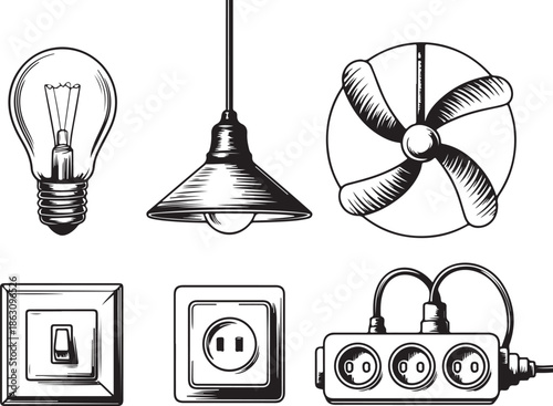 A collection of electrical devices and lighting fixtures