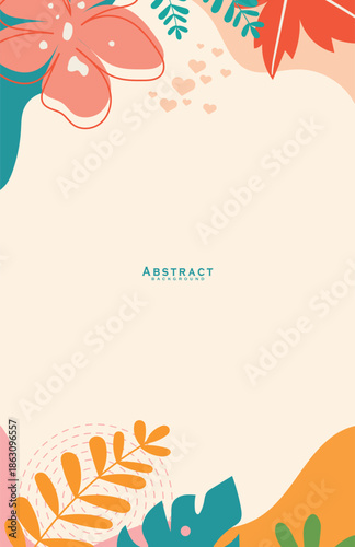 Elegant floral abstract background with organic botanical shapes and autumn leaves in soft teal and orange tones.