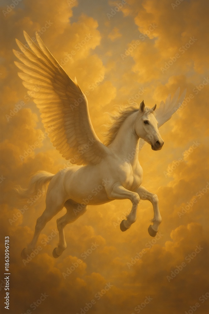 Fototapeta premium White winged horse soaring through warm, sunlit clouds, embodying freedom, mythology, and grace. Fantasy scene