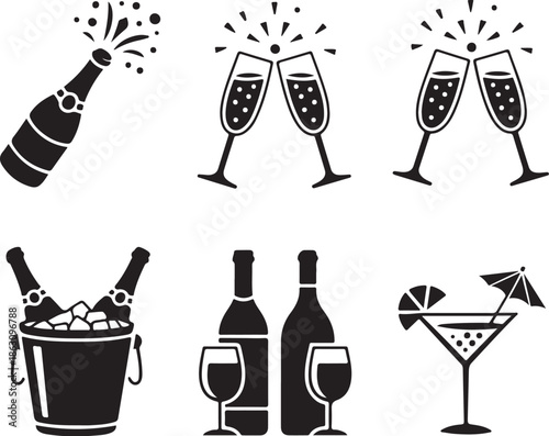 A set of black and white icons depicting champagne and cocktail glasses