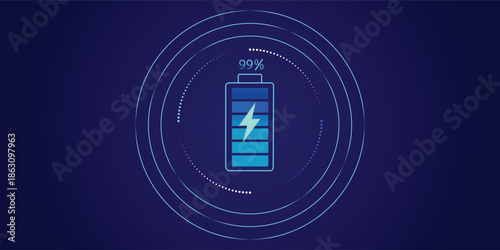 Battery technology background Screen with battery with technology circle surrounding it that is charging energy as reserve energy Show percentage of charge Wallpaper game screen. Vector illustration.