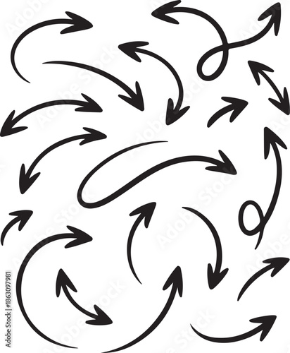A collection of black arrows pointing in various directions on a white background