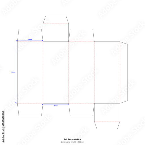 Perfume Box Template 50x50x120mm - Vector Packaging Dieline Blueprint for Fragrance & Cologne Bottle - Foldable 3D Cut Line Layout with Technical Dimensions for Print, Cricut, Mockup & Design